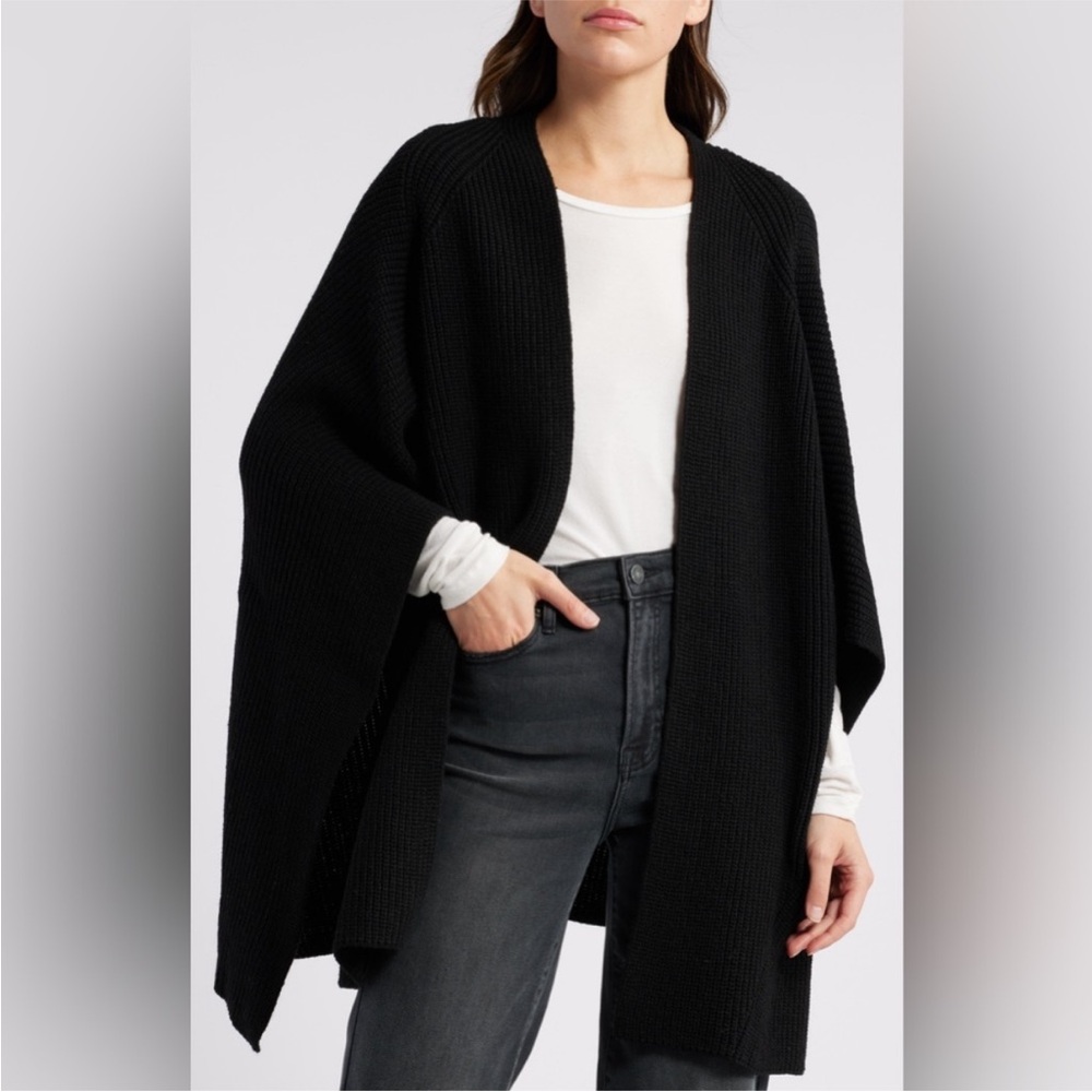 All Saints Plated Ruana Travel Wrap Poncho Black Charcoal One Size